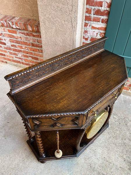 Antique English Console Hall Table Jacobean Carved Oak Barley Twist Gong c1880