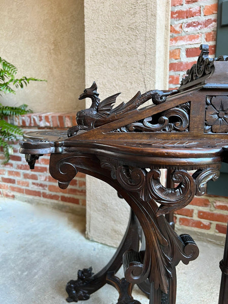 Antique French Writing Desk Secretary Black Forest Carved Oak Renaissance c1890