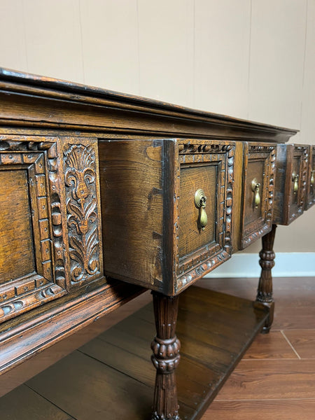 Antique English Dresser Base Sideboard Potboard Jacobean Carved Oak c1890
