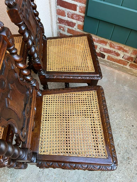 Set 4 Antique French Dining Chairs Barley Twist Cane Seat Carved Oak c1920