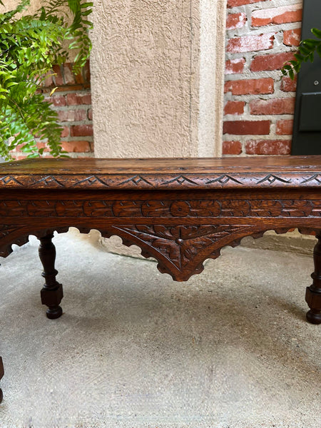 Antique French Bench Stool Gothic Renaissance Coffee Table Carved Oak c1890