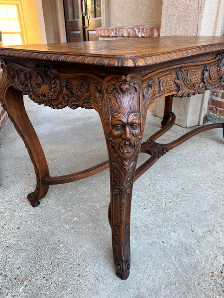 Antique French Center Library Table Louis XV Carved Oak Rococo Parquetry c1890