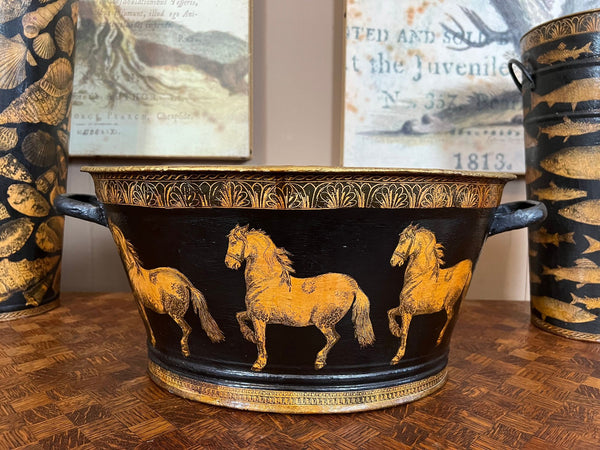 Antique English Planter Jardiniere Horse Equine Black Decoupage Tole Metal c1900