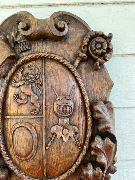 Antique French Gothic Wall Plaque Coat of Arms Carved Oak Renaissance c1890