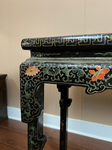 Vintage Chinese Console Table Black Lacquer Chinoiserie Gilt Hand Painted c1950