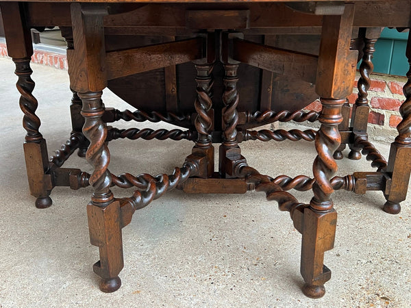 Antique English Wake Dining Table Drop Leaf BARLEY TWIST Jacobean Oak Console