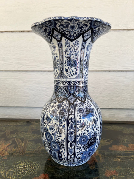 Vintage Large Delft Trumpet Vase Blue and White Floral Boch Royal Sphinx Urn