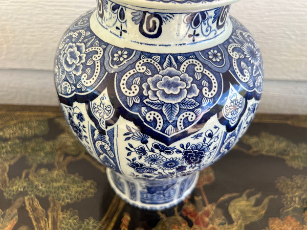 Vintage Large Delft Ginger Jar Vase Blue & White Floral Royal Sphinx Lidded Urn