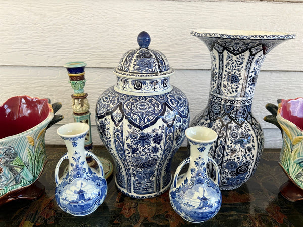 PAIR Petite Vintage Delft Vases Blue & White Windmilll Hand Painted Bud Vases