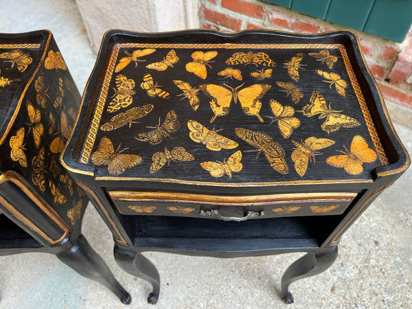 PAIR French Bedside Cabinets Chinoiserie Butterfly Gilt Lacquer Tables
