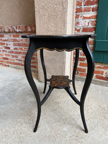 Vintage French Side Table Chinoiserie Butterfly Black Lacquer Hollywood Regency