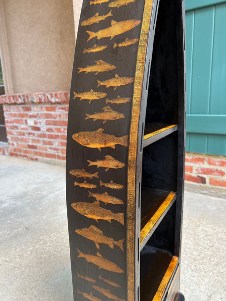 English Boat Form Etagere Black Lacquer Fish Decoupage Collection Bookshelf