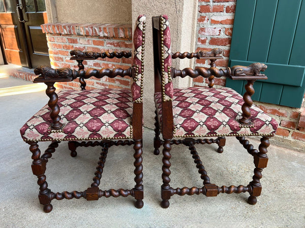 Pair SET Antique French Arm Chair Barley Twist Oak Renaissance Lion Fleur De Lis