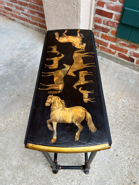 Antique English Drop Leaf Side Table Horse Equestrian Chinoiserie Petite Oak