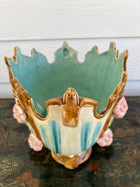 Antique French Majolica Jardinière Planter Peacock Onnaing Large Cache Pot c1880