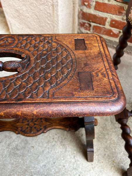 Antique French Bench Stool Gothic Renaissance Carved Oak Trestle Fleur de lis