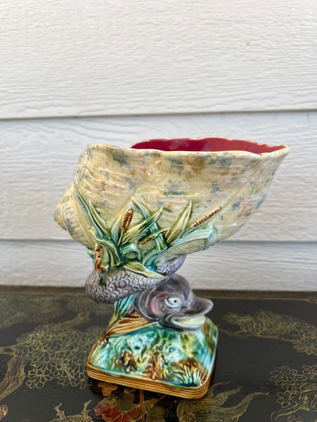 Antique Majolica Vase Bowl Dolphin Nautilus Shell English Royal Worcester c1870