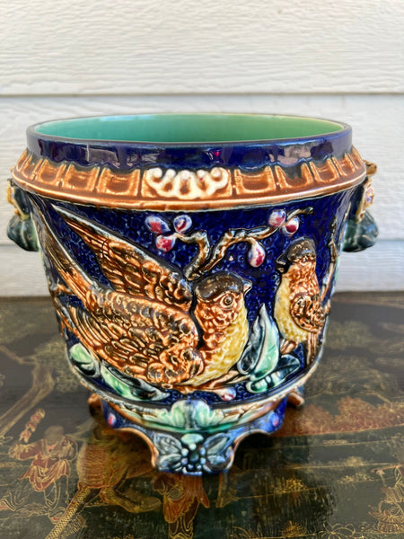 Antique Majolica Bird Planter Cache Pot Jardinière Cobalt Blue Wasmuël c1890