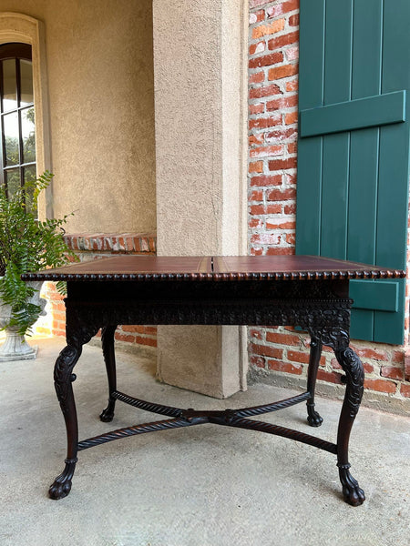 Antique Foyer Hall Table British Colonial Carved Wood Leather Flip Top Burmese