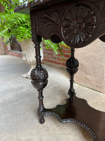 Antique English Side Sofa Table Ebonized Carved Oak Baroque Two Tier Tudor