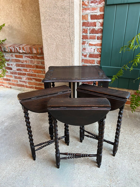 SET 4 Antique French Drop Leaf Nesting TABLE BARLEY TWIST Folding End Carved Oak