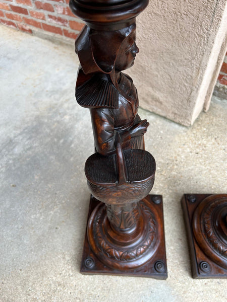 Antique French Breton Pedestal Stands PAIR Carved Figural Display Brittany c1900
