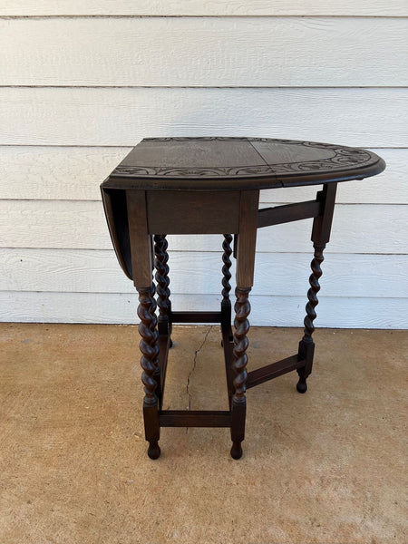PETITE Antique English Side Sofa Table Barley Twist Drop Leaf Gateleg Carved Oak