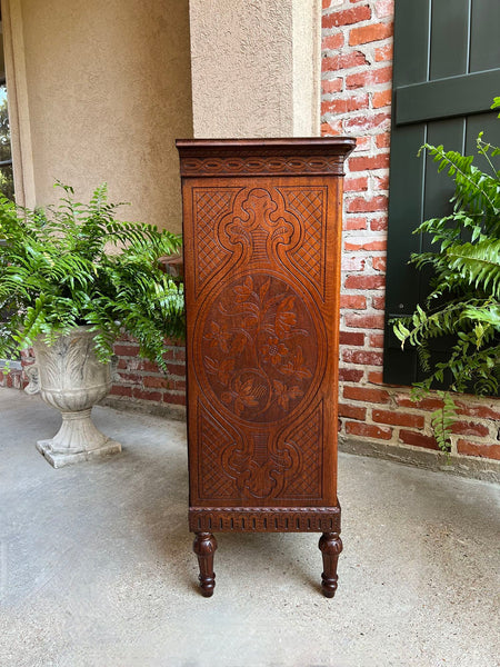 Antique English Victorian Wellington Chest of Drawers Campaign Carved Oak