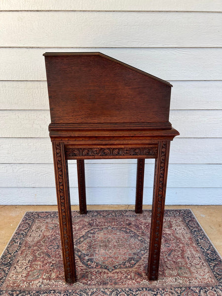 Antique English Slant Top Bible Box Desk Stand Jacobean Carved Oak Lectern c1890