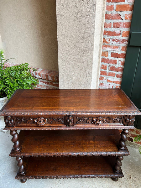 Antique French Carved Oak Server Sideboard Barley Twist Renaissance Bookshelf