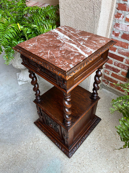 Antique French Side End Table Cabinet BARLEY TWIST Carved Oak Renaissance Marble