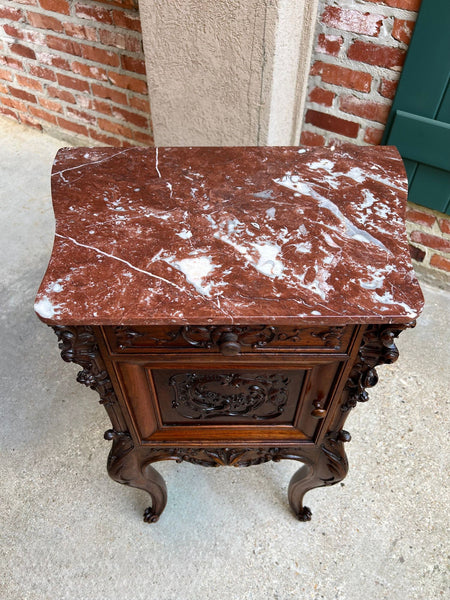 Antique French Nightstand Cabinet Marble Top Louis XV Carved Walnut c1890
