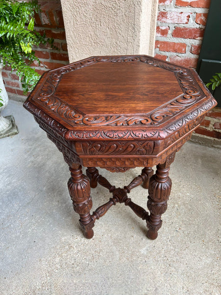 Petite Antique French Octagon Center Side TABLE Renaissance Carved Oak