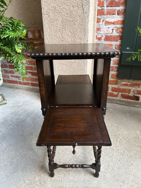 Antique English Square Table Plant Stand Jacobean BARLEY TWIST Cabinet Dark Oak