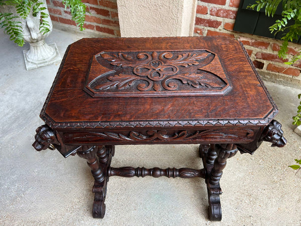 Antique French Console Side Table Renaissance PETITE Gothic Carved Oak c1880