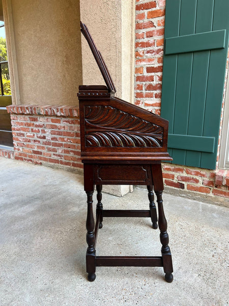 Antique English Slant Front Desk Display Stand Jacobean Carved Tiger Oak Lectern