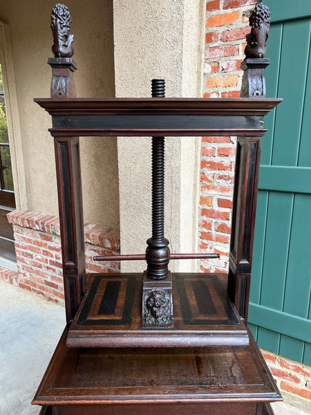 Antique English Book Press Table Renaissance Carved Oak Ebonized Cabinet c1880