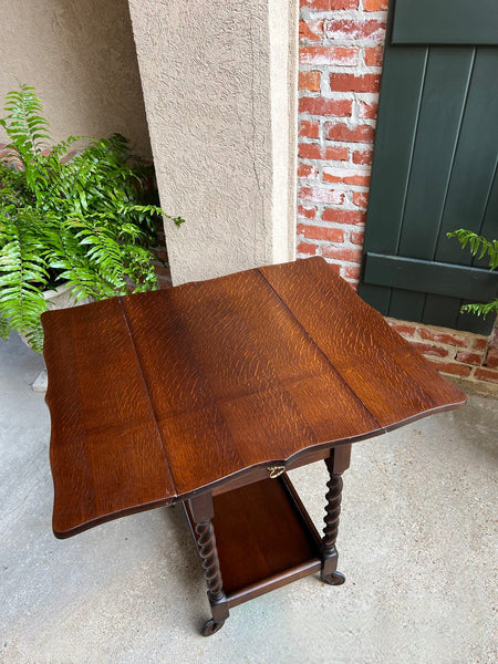 Antique English Tea Trolley Drinks Cart Barley Twist Dumbwaiter Drop Leaf Table