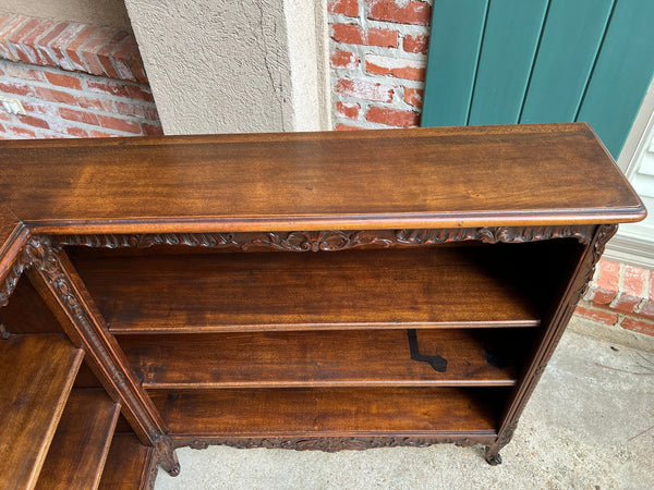 Antique French Corner Bookcase Carved Oak Louis XV Revival Open Shelves c1920