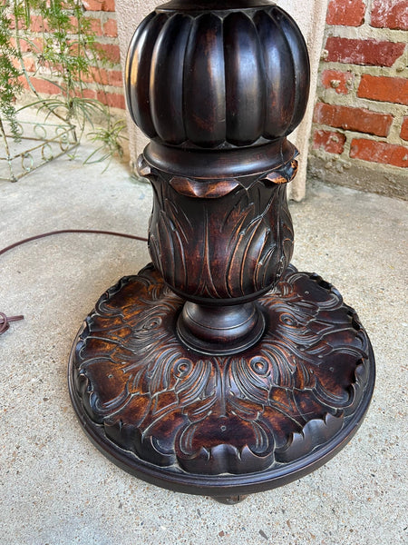 Antique English Carved Oak Floor Lamp OPEN Barley Twist w Round End Table c1920