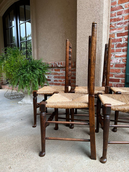Set 5 Vintage English Oak Dining Side Chairs Rush Seat Lancashire Spindle Back