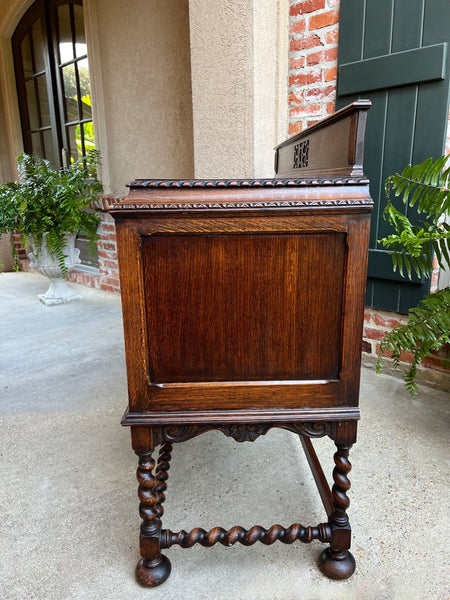 Antique English Sideboard Server Buffet BARLEY TWIST Carved Tiger Oak Jacobean