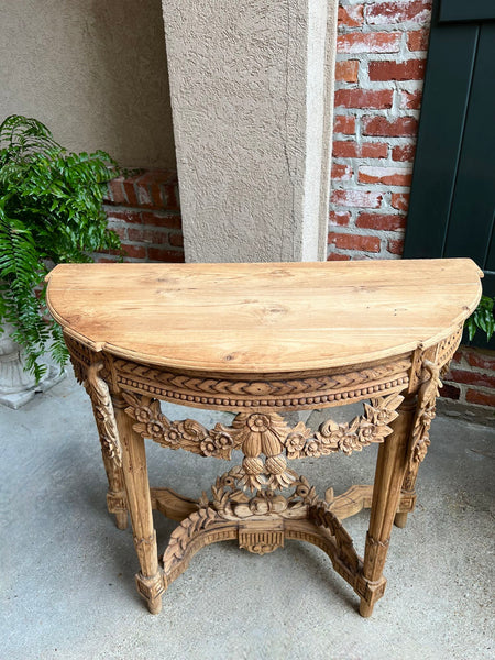 Antique French Louis XVI Console Table Foyer Demilune Carved Bleached Wood c1890