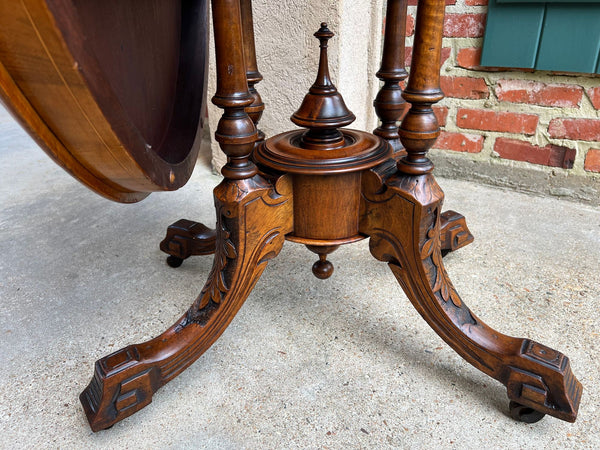 Antique English Center Breakfast Table Burl Walnut Tilt Top Inlaid Oval c1890