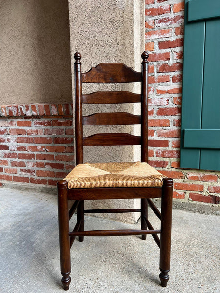 Vintage English Dining Chairs Set 6 Oak Ladder Back Rush Seat Woven