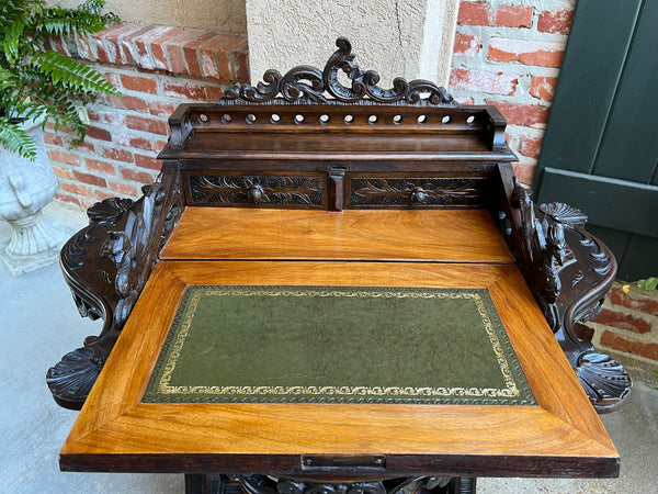 Antique French Writing Desk Secretary Black Forest Carved Oak Renaissance c1890