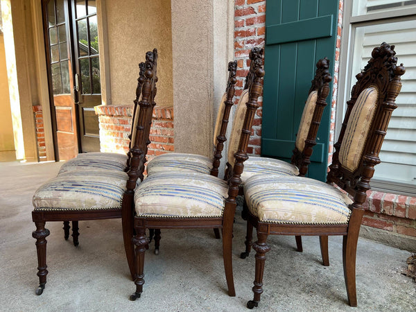 Set 6 Antique French Dining Chairs Renaissance Carved Oak Black Forest c1880