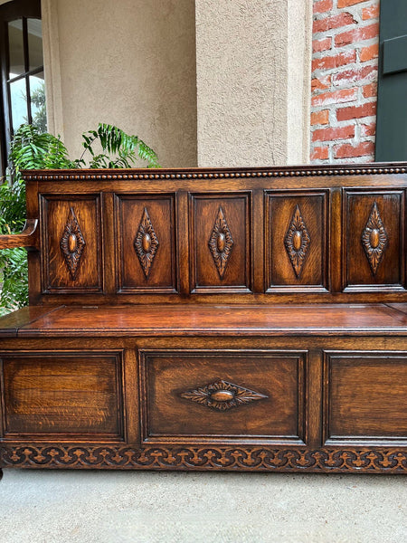 Antique English Hall Bench Carved Oak Barley Twist Jacobean Lift Top Settee