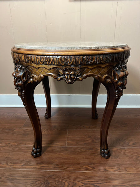 Antique French Renaissance Revival Center Table Round Marble Carved Walnut c1900