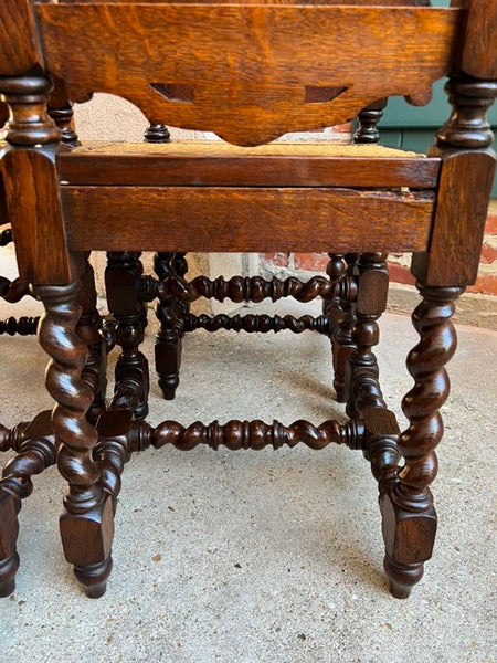 Set 4 Antique French Dining Chairs Barley Twist Cane Seat Carved Oak c1920